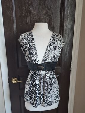 Sky Black & White Animal Print V-Neck Blouse with Leather Corset Embleshment Nwo